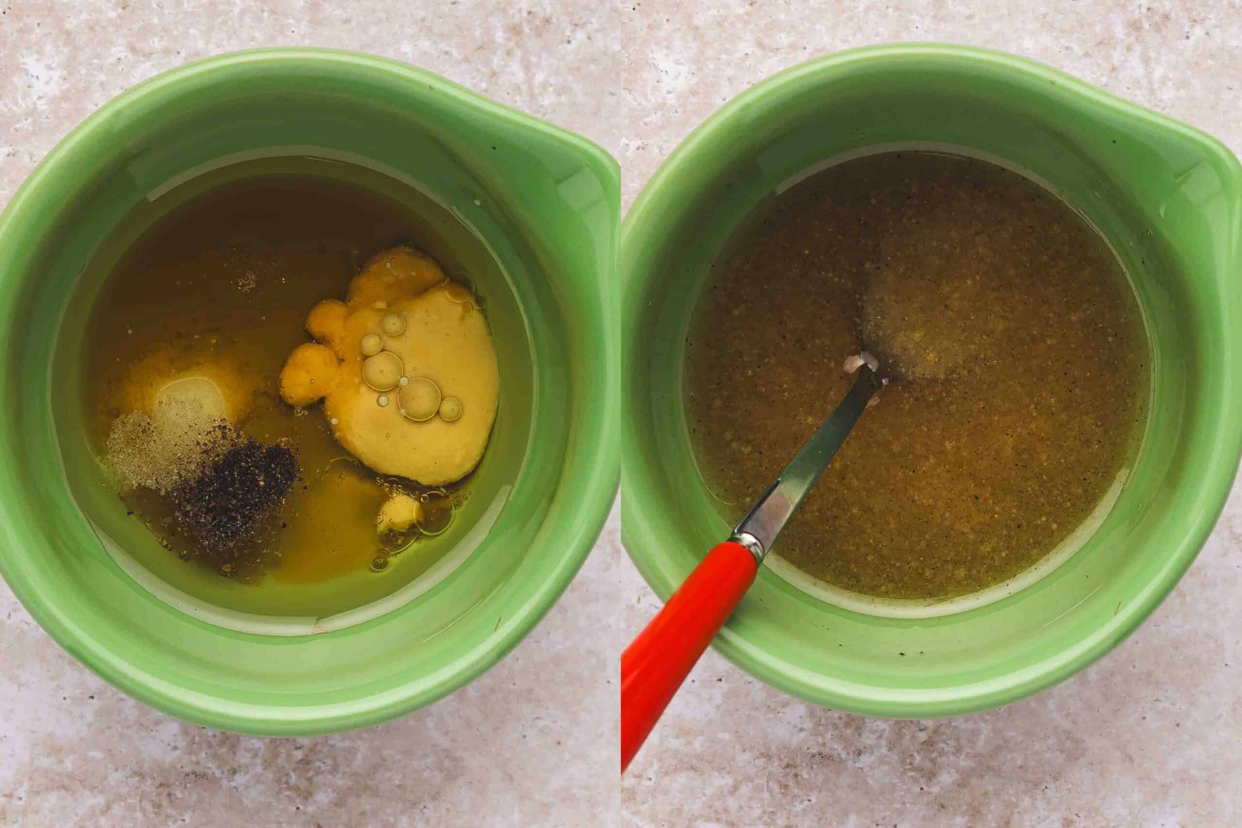 Small bowl with dressing made of olive oil, apple cider vinegar, honey, Dijon mustard, salt, and pepper