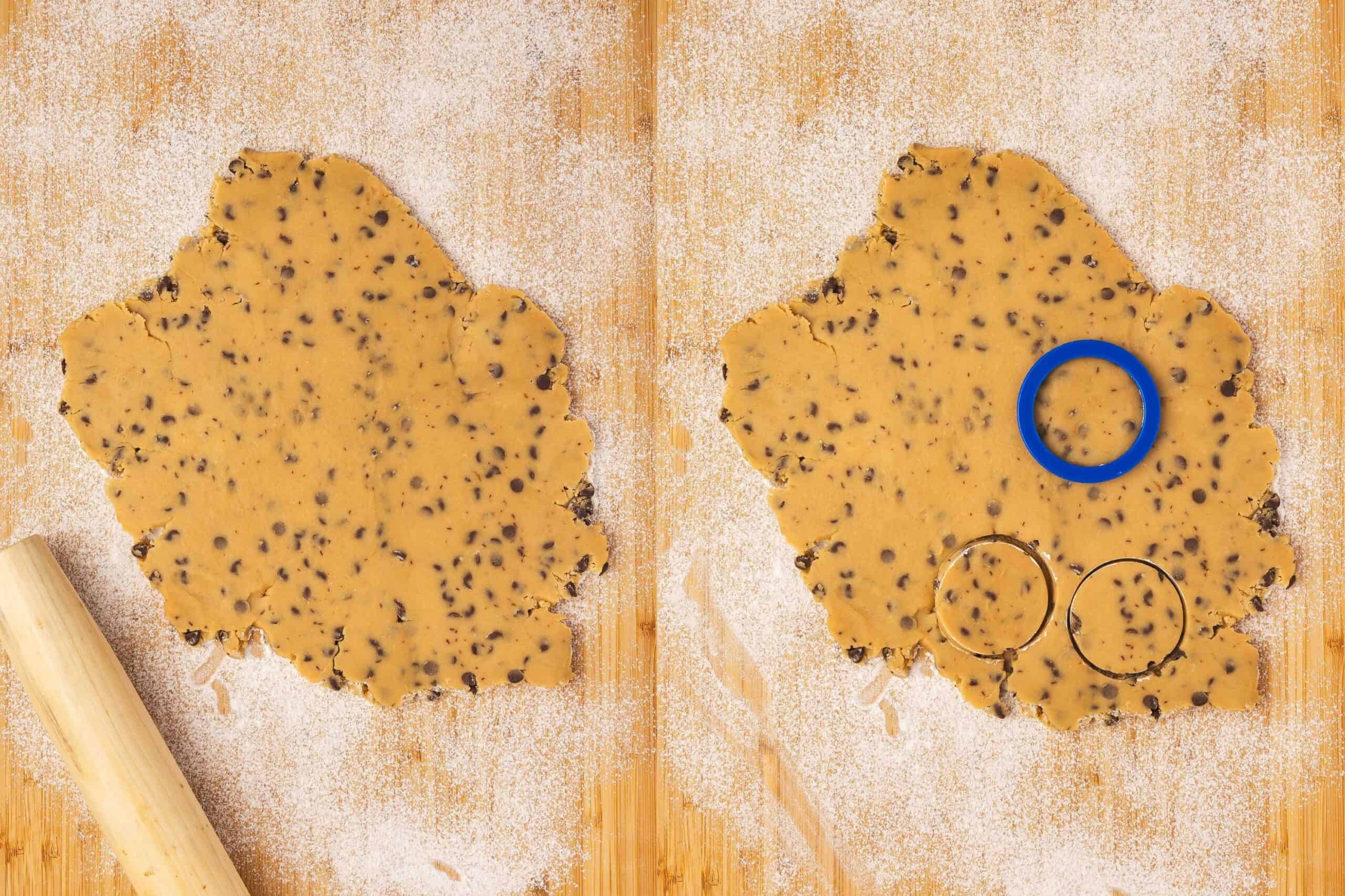 Rolling chilled dough, cutting 2-inch espresso chocolate chip shortbread cookies, and placing on baking sheet.