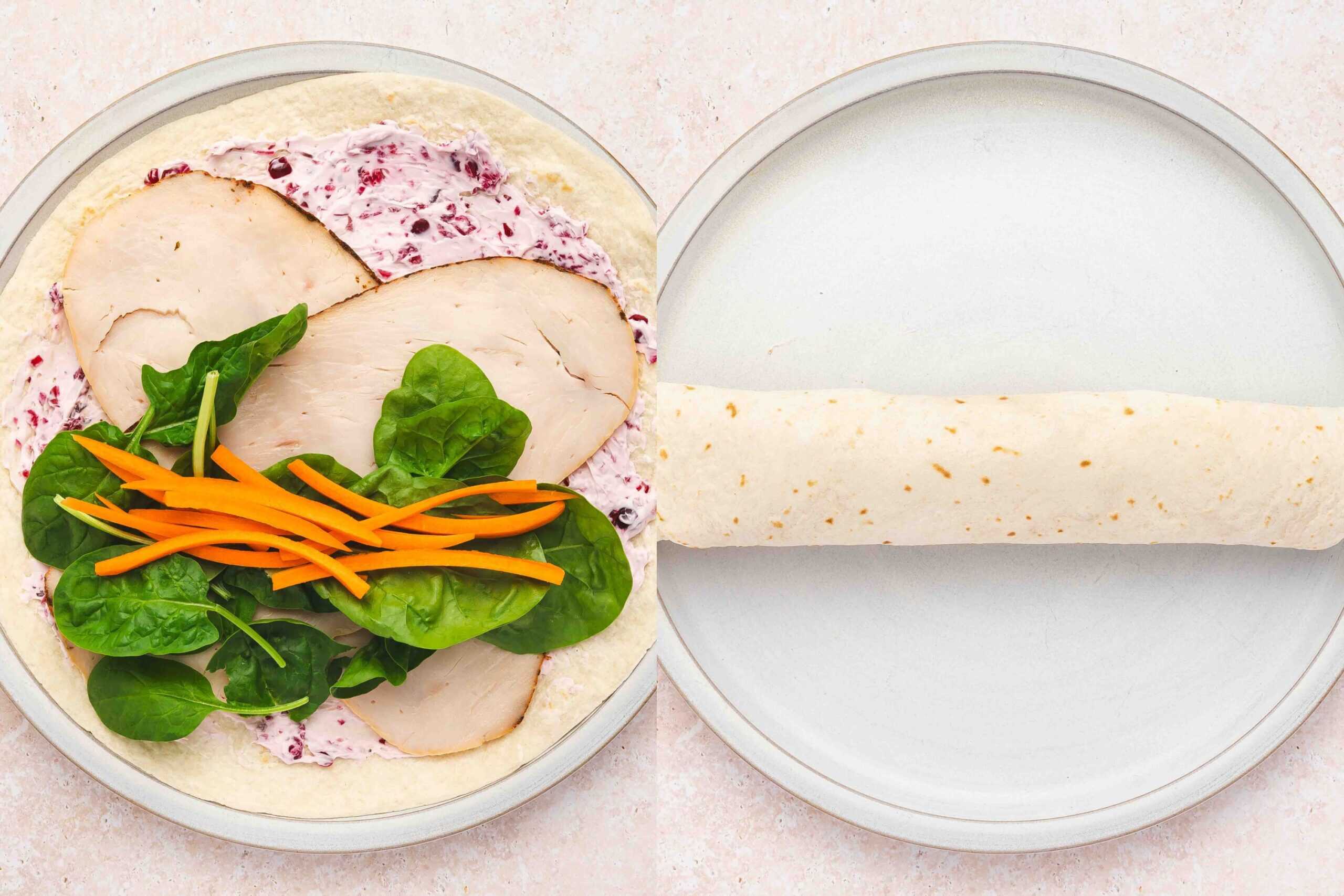 Adding spinach and carrot strips to the tortilla and rolling it tightly into a log.