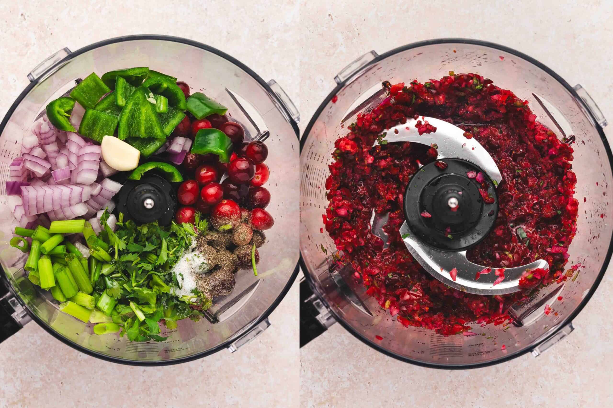Pulsing thawed cranberries, jalapeños, onions, garlic, cilantro, and lime juice in a food processor to make chunky salsa