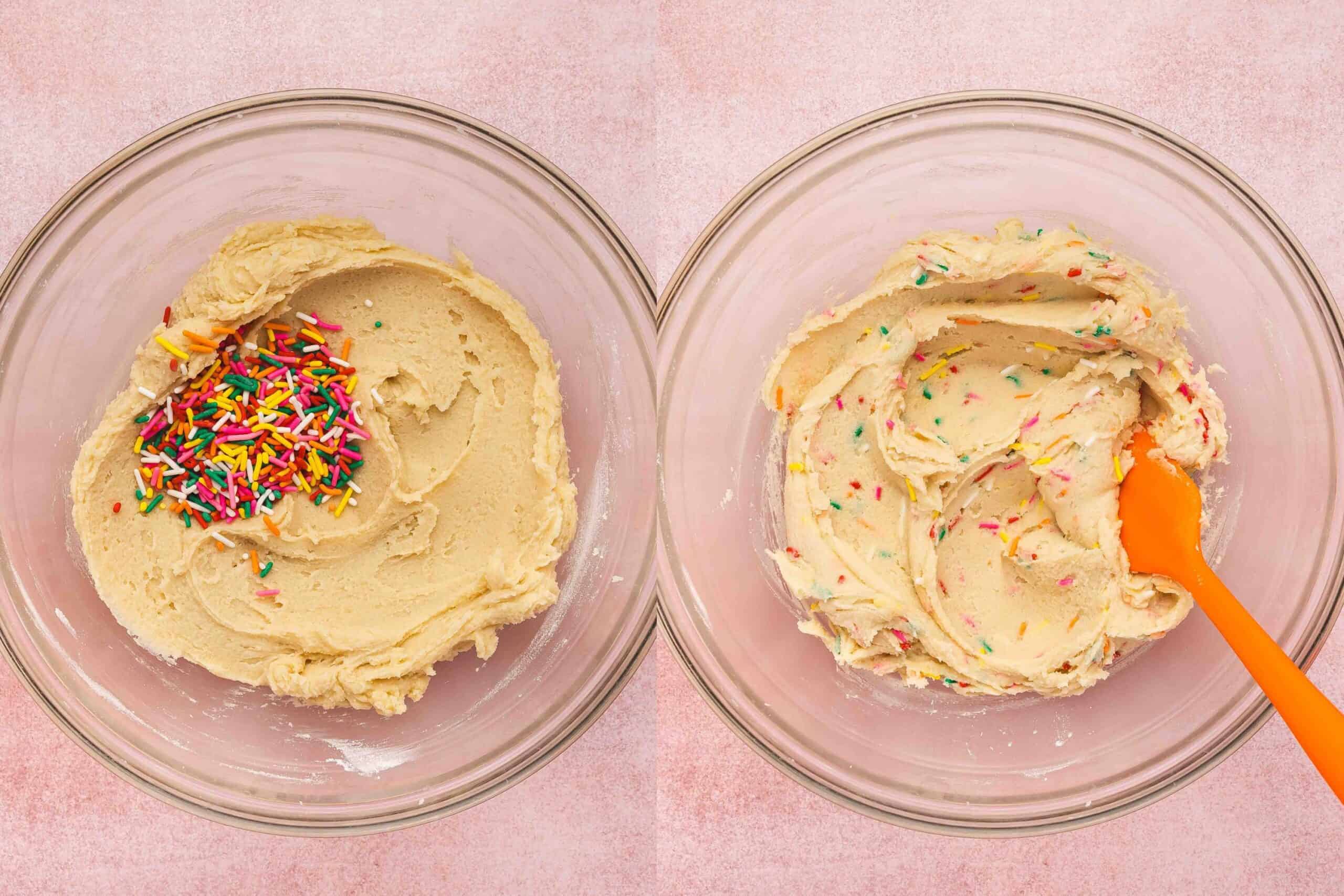 Folding colorful sprinkles into sugar cookie dough for a classic funfetti look.