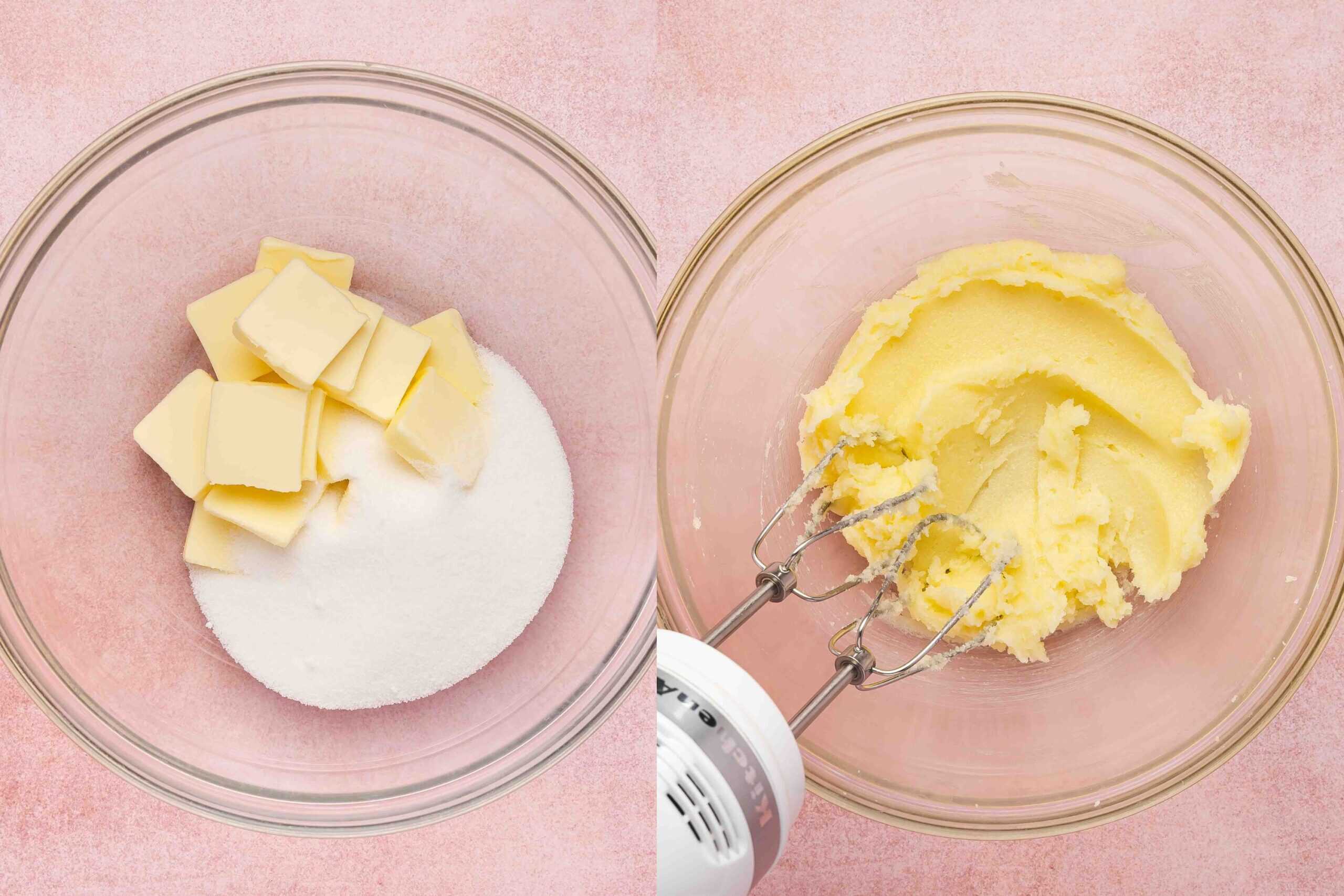 Hand mixer beating softened butter and sugar in a medium bowl until light and fluffy for sugar cookie dough.