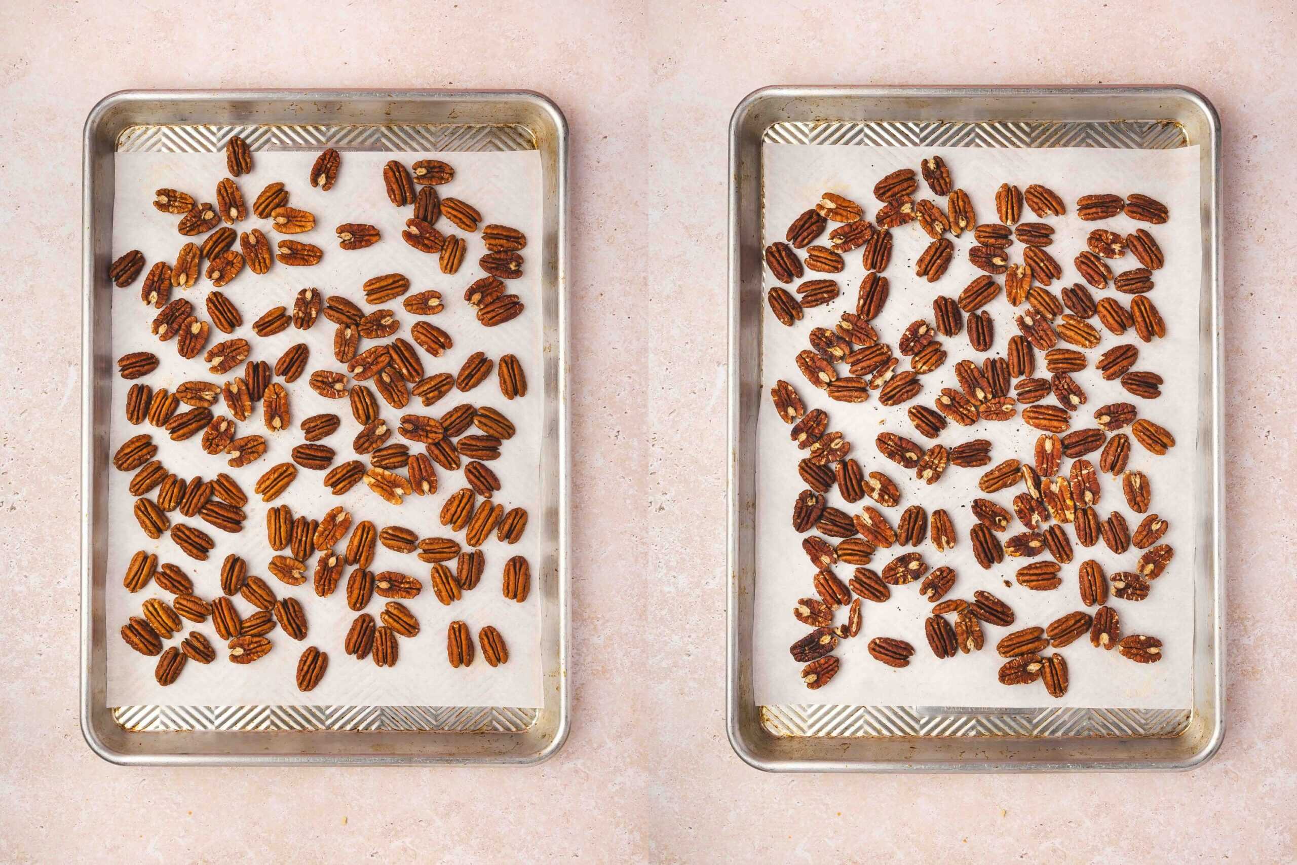 Pecans spread on a baking sheet, being toasted in the oven at 350°F until fragrant.