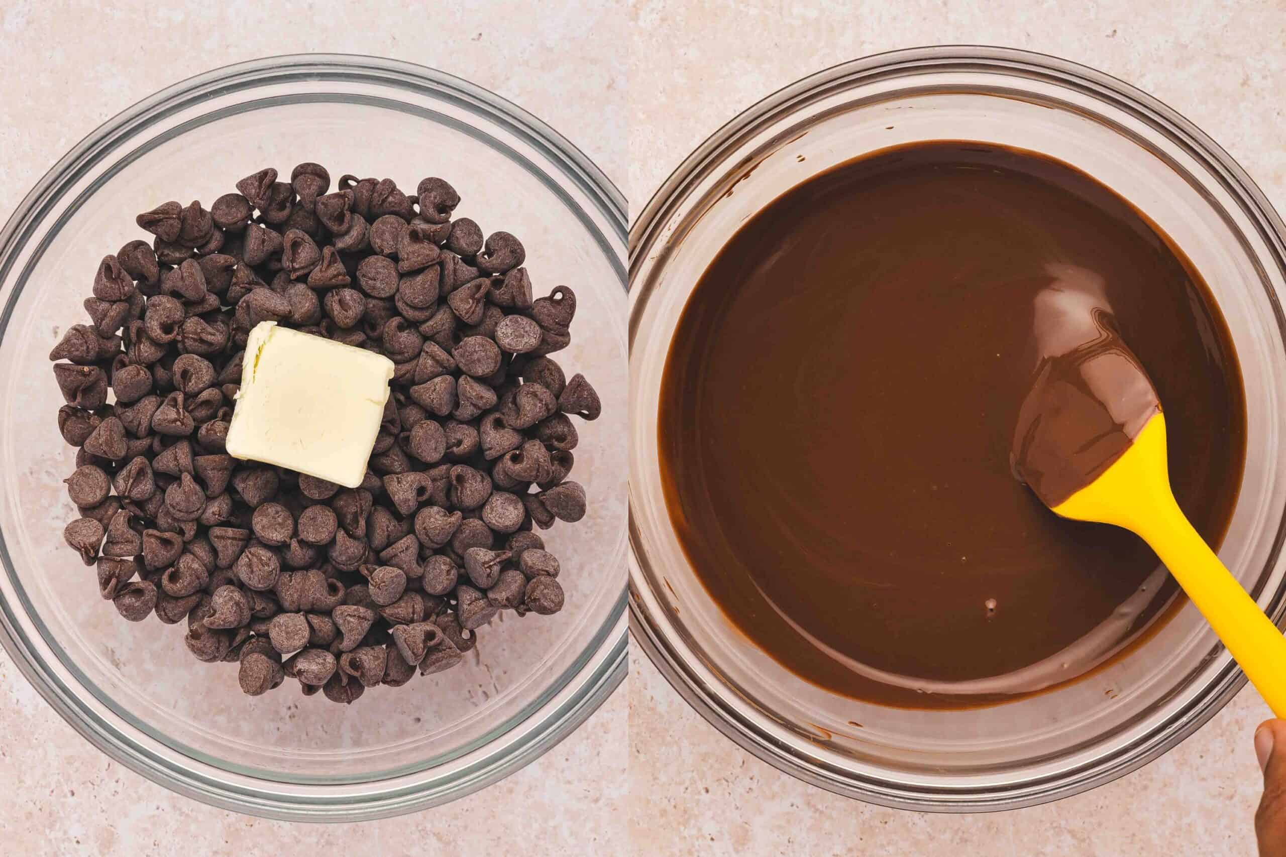 Chocolate chips and unsalted butter in a microwave-safe bowl being melted and stirred until smooth.