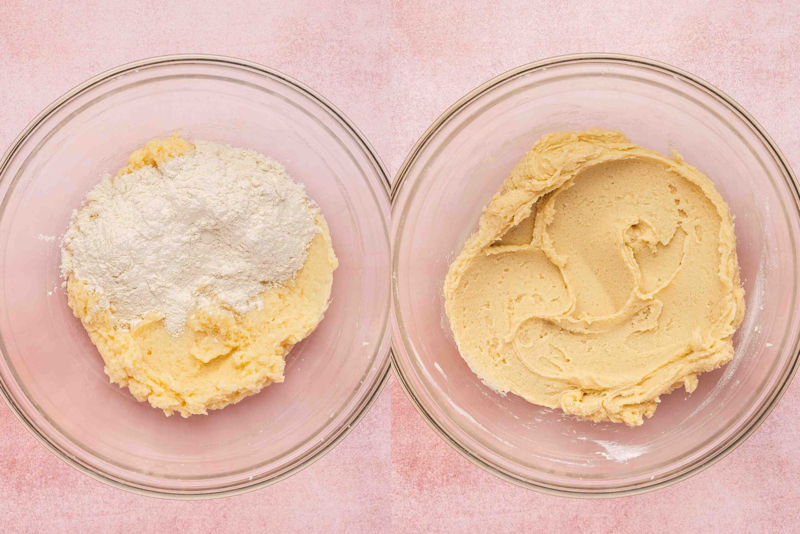 Gradually mixing cooled, heat-treated flour into butter mixture to form soft sugar cookie dough.