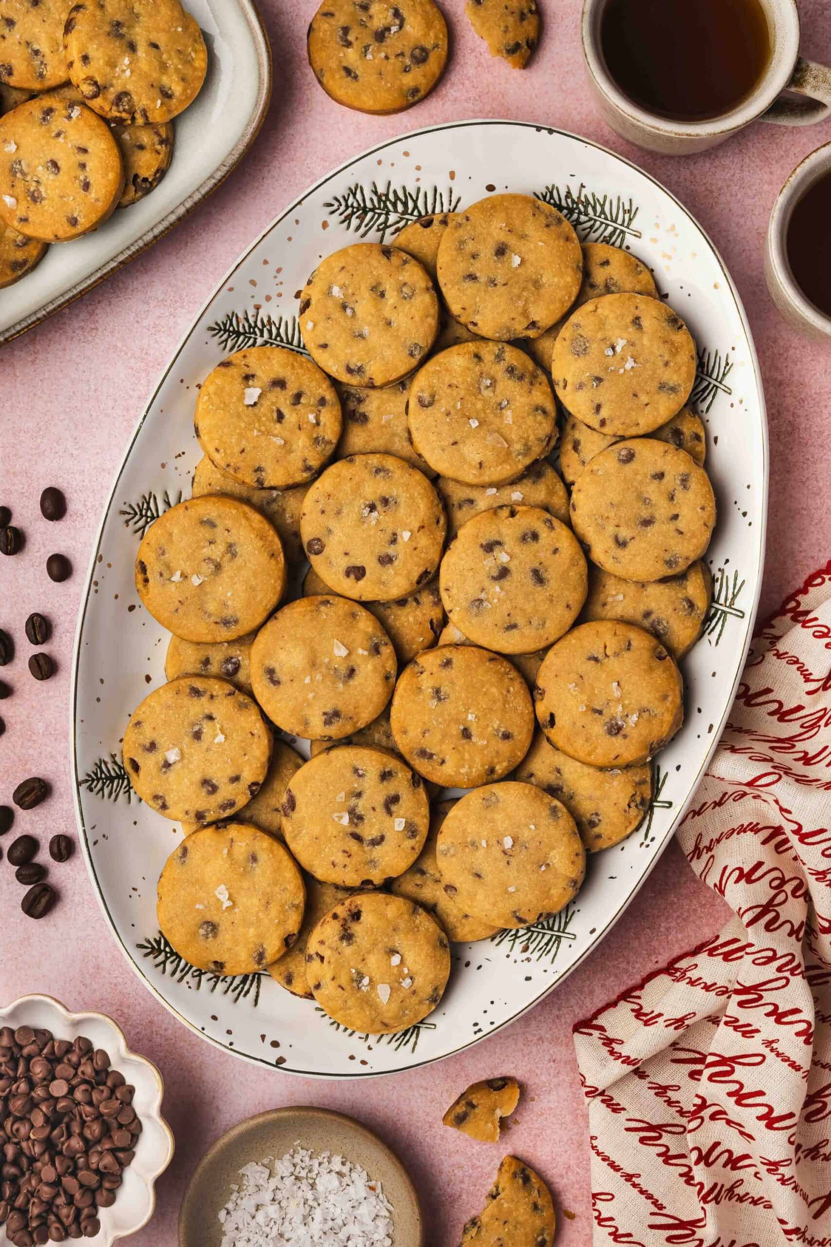 Freshly baked espresso chocolate chip shortbread cookies with chocolate chunks, perfect for holiday baking
