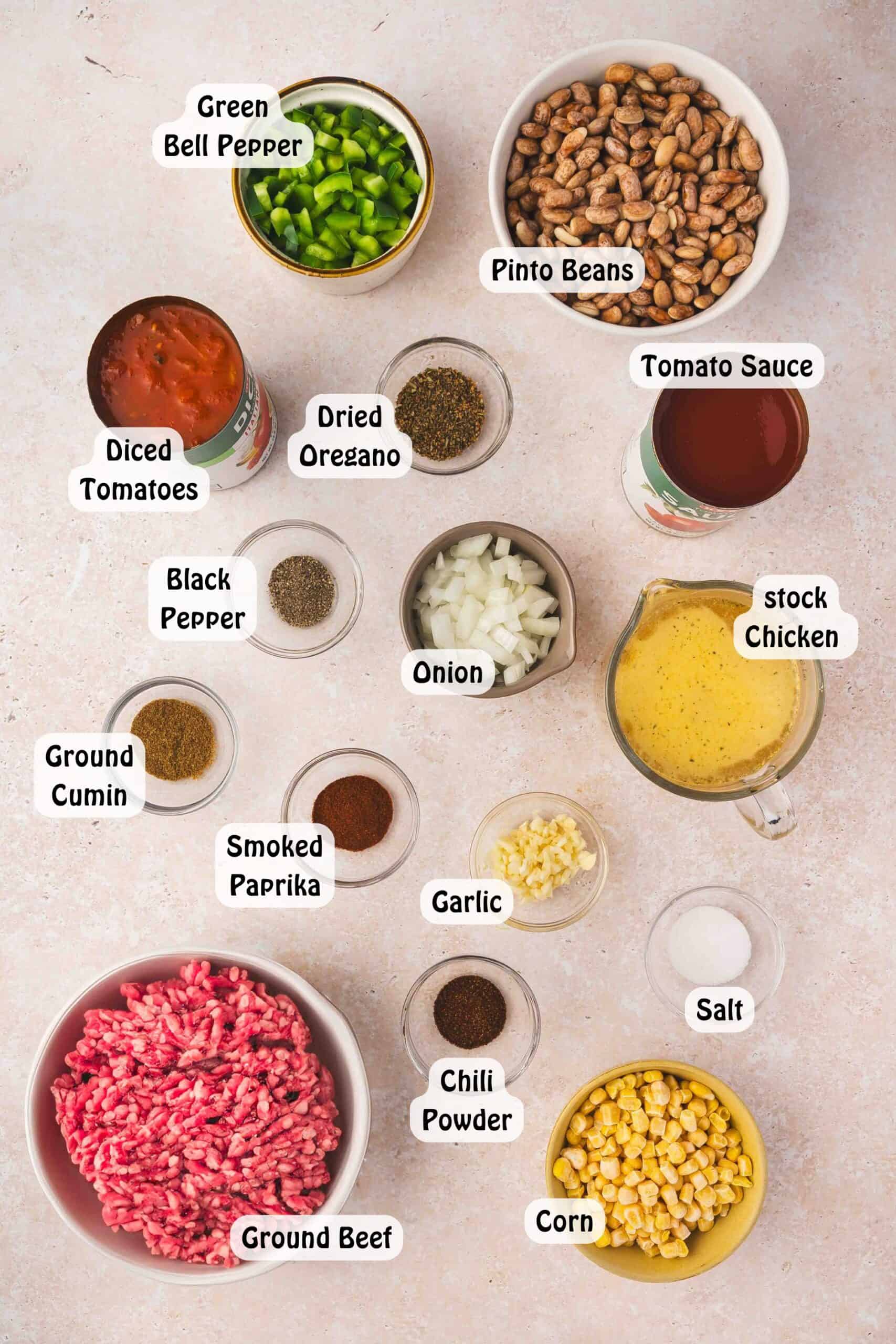 All ingredients for slow cooker beef and pinto bean chili arranged together, including ground beef, pinto beans, tomato sauce, diced tomatoes, broth, onions, bell peppers, corn, and spices.