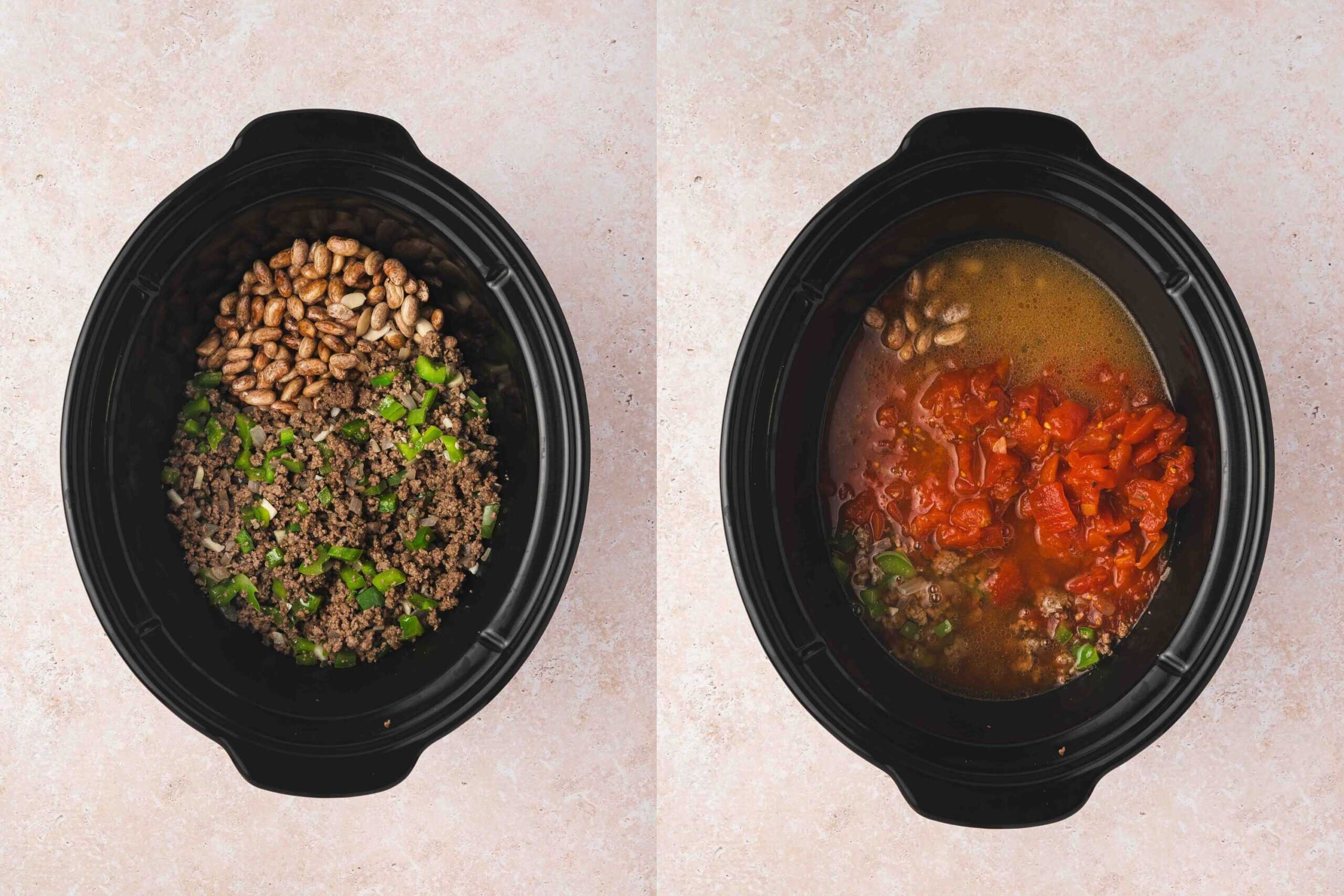 Beef, vegetables, soaked pinto beans, tomato sauce, diced tomatoes, and broth added to a slow cooker and stirred together.