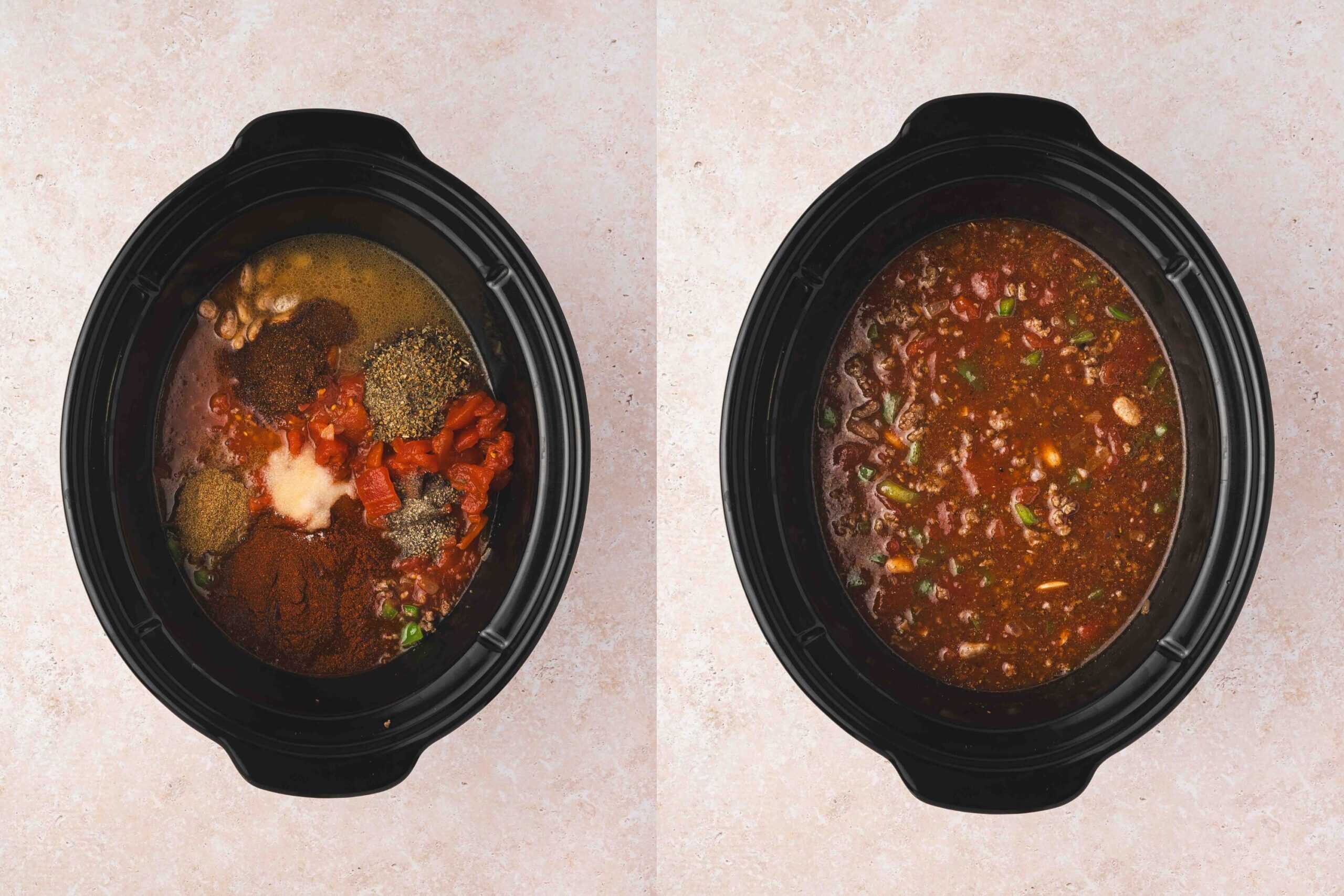 Spices sprinkled over the chili mixture in the slow cooker before cooking until the beans are tender.