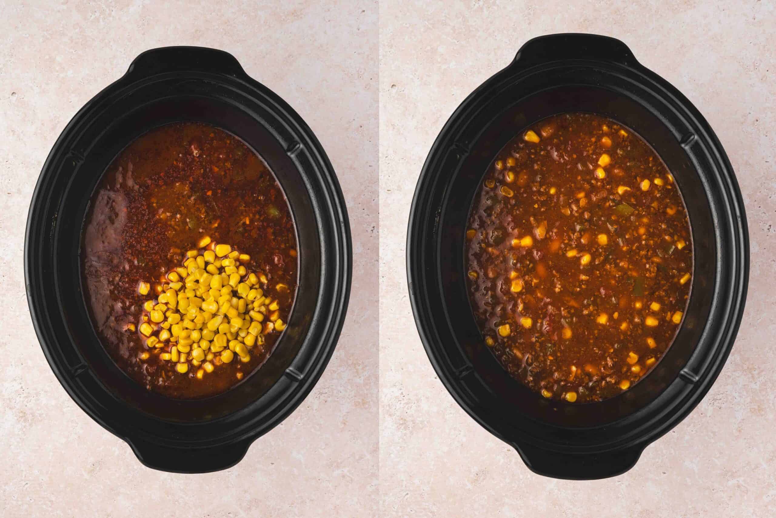 Corn added during the final cooking stage and finished chili served in a bowl with cheddar, jalapeno, and cilantro.